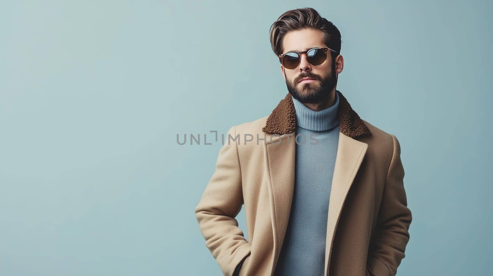 Stylish portrait of fashion young man with sunglasses, wearing coat, handsome trendy bearded male model posing on gray studio background
