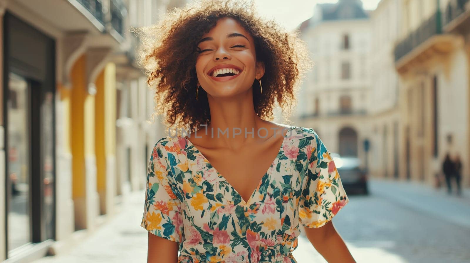 Inspired happy smiling Hispanic young woman wearing a summer dress, joyful beautiful girl tourist with curly hair enjoys a walk in sunny city