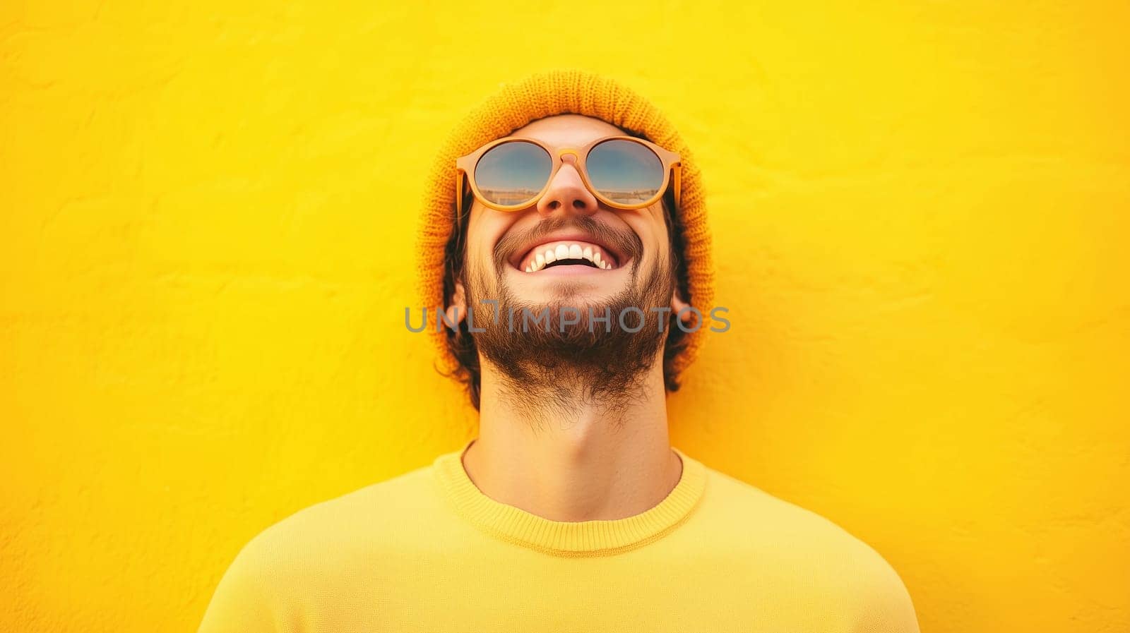 Portrait of stylish happy young man laughing wearing glasses, hat, modern joyful guy against a vivid yellow background
