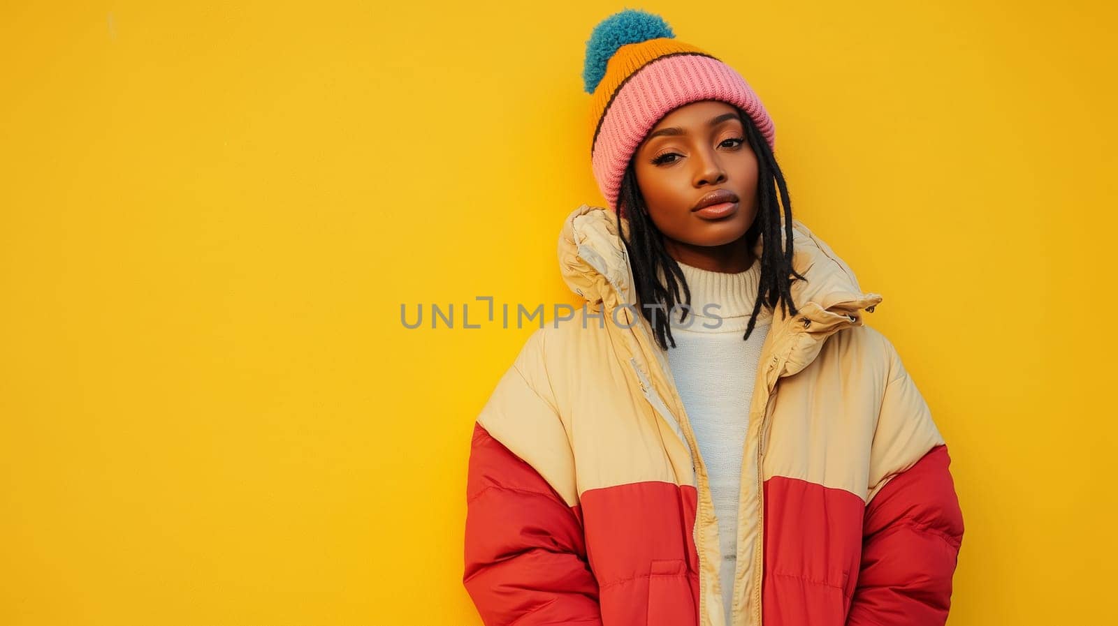 Beauty stylish portrait of fashion young African woman in winter jacket, hat, beautiful trendy girl model posing on vivid yellow studio background