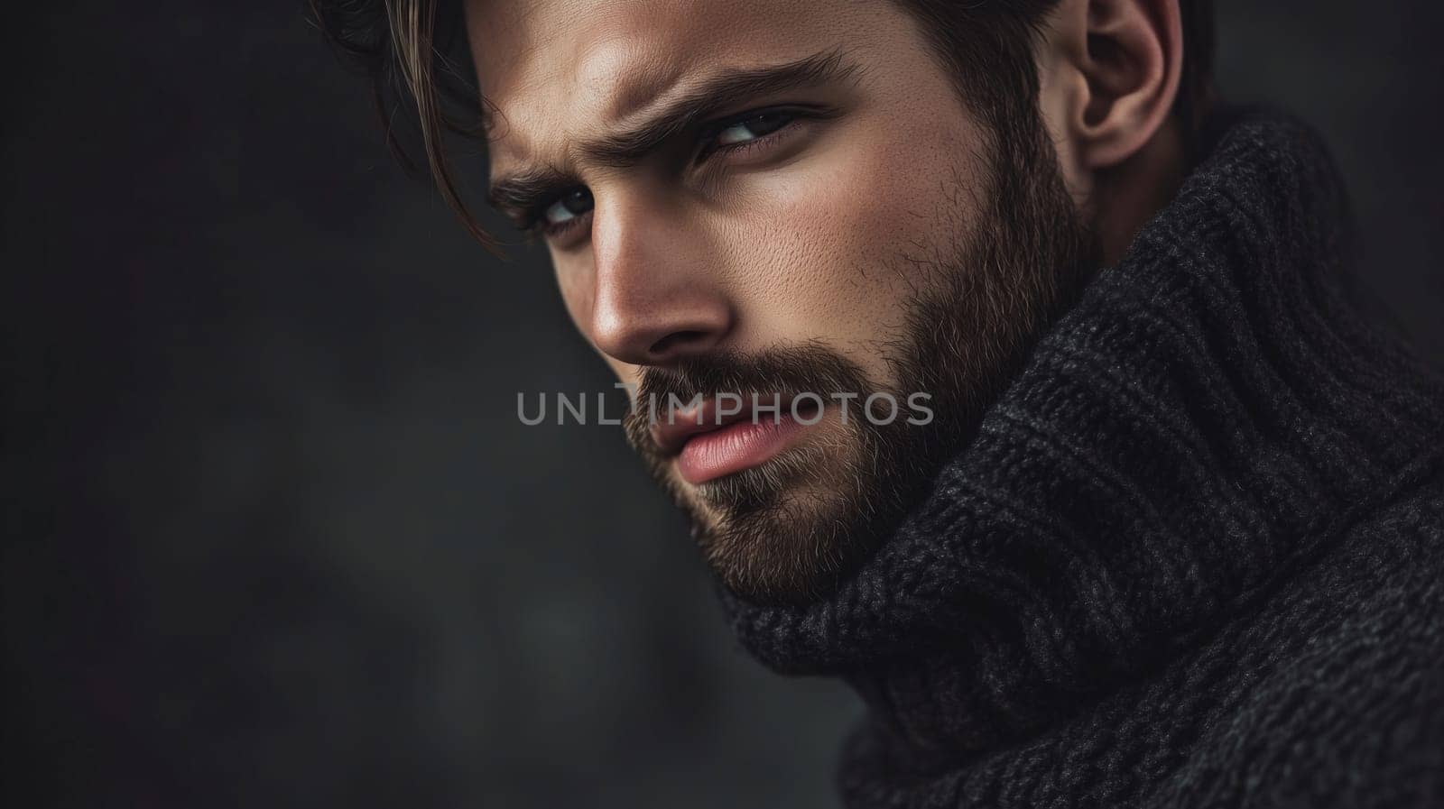 Close-up portrait of handsome confident bearded caucasian young man looking at camera wearing sweater posing on black studio background