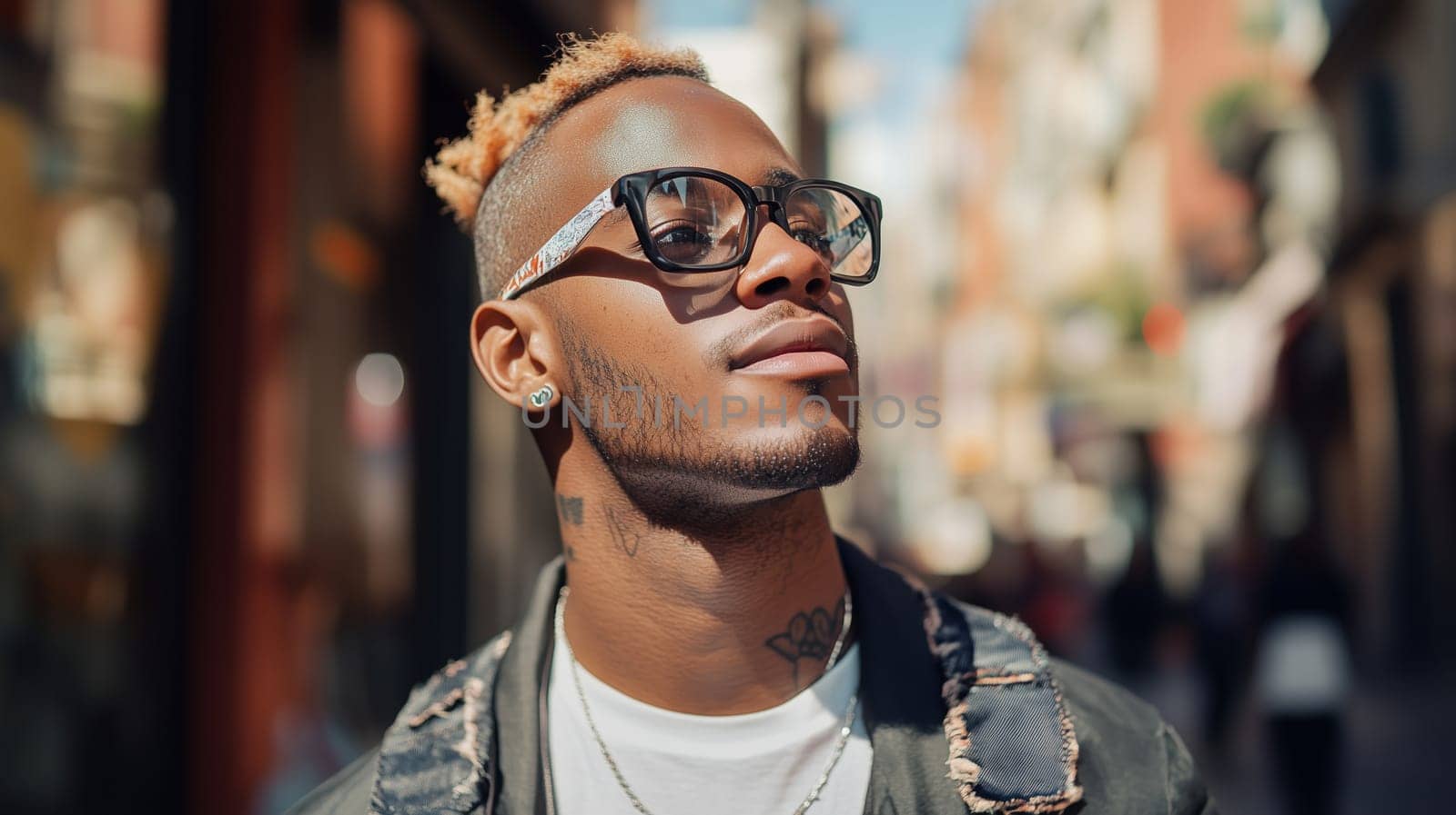 Portrait of stylish modern black young man wearing glasses, African guy with backpack standing in the city against an urban busy background