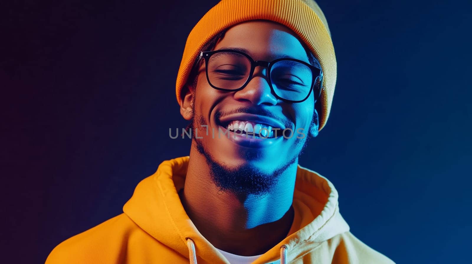 Portrait of stylish happy young man laughing wearing glasses, hat, modern joyful guy against a vivid blue background