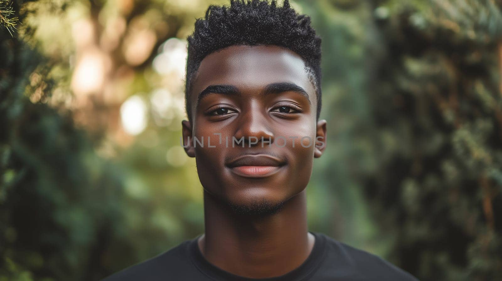 Portrait of stylish black American young man, modern African guy looking at camera standing in summer park