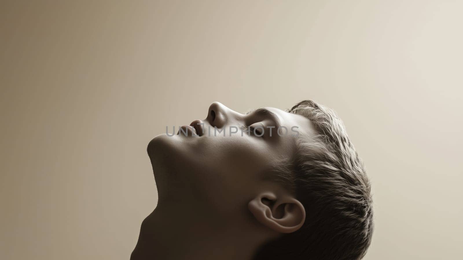 Silhouette portrait of young man raises his head up with closed eyes on beige background, studio shot, profile view