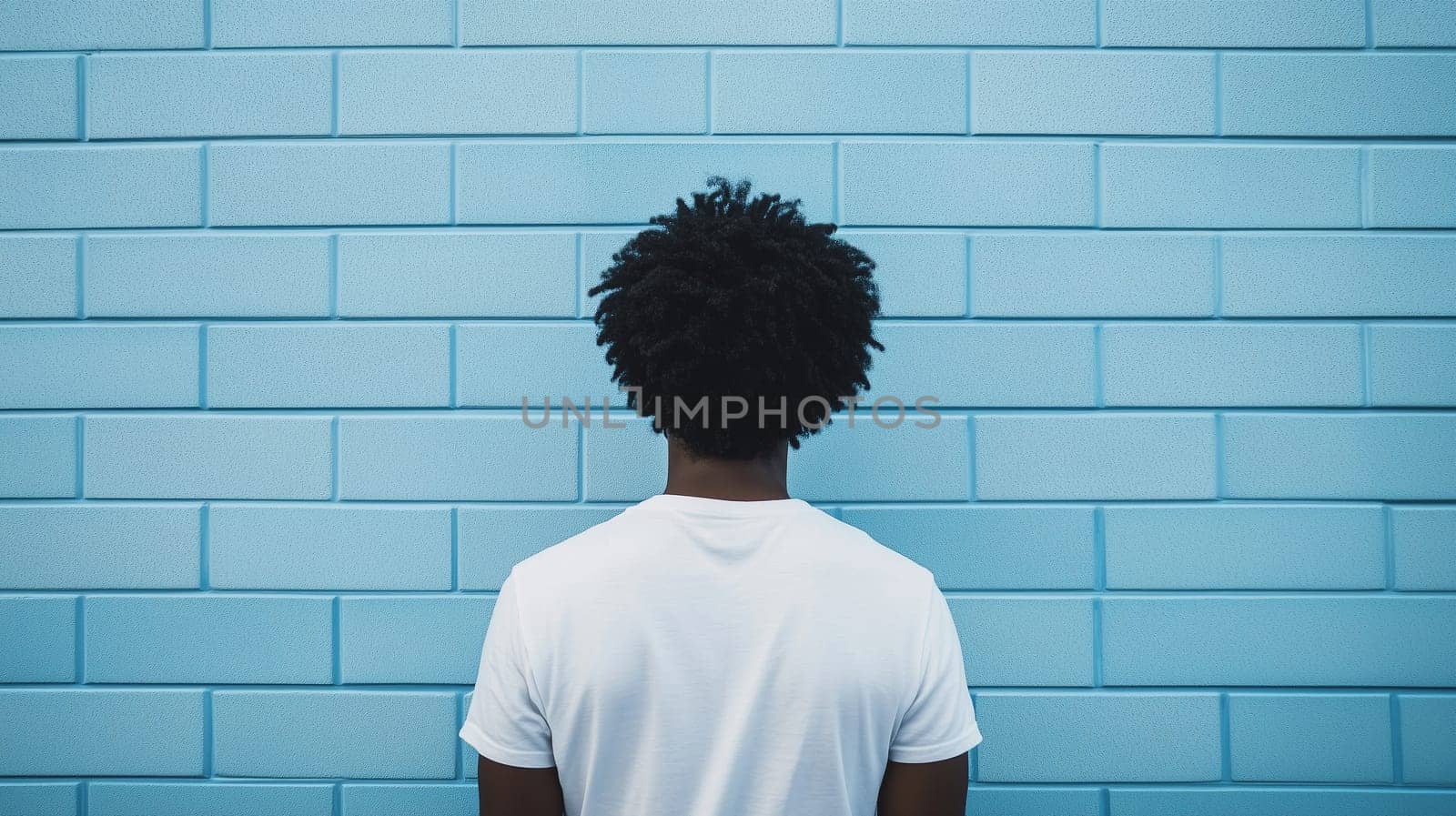 Back view of stylish modern black young man with curly hair, African guy wearing a white t-shirt against a blue brick wall background