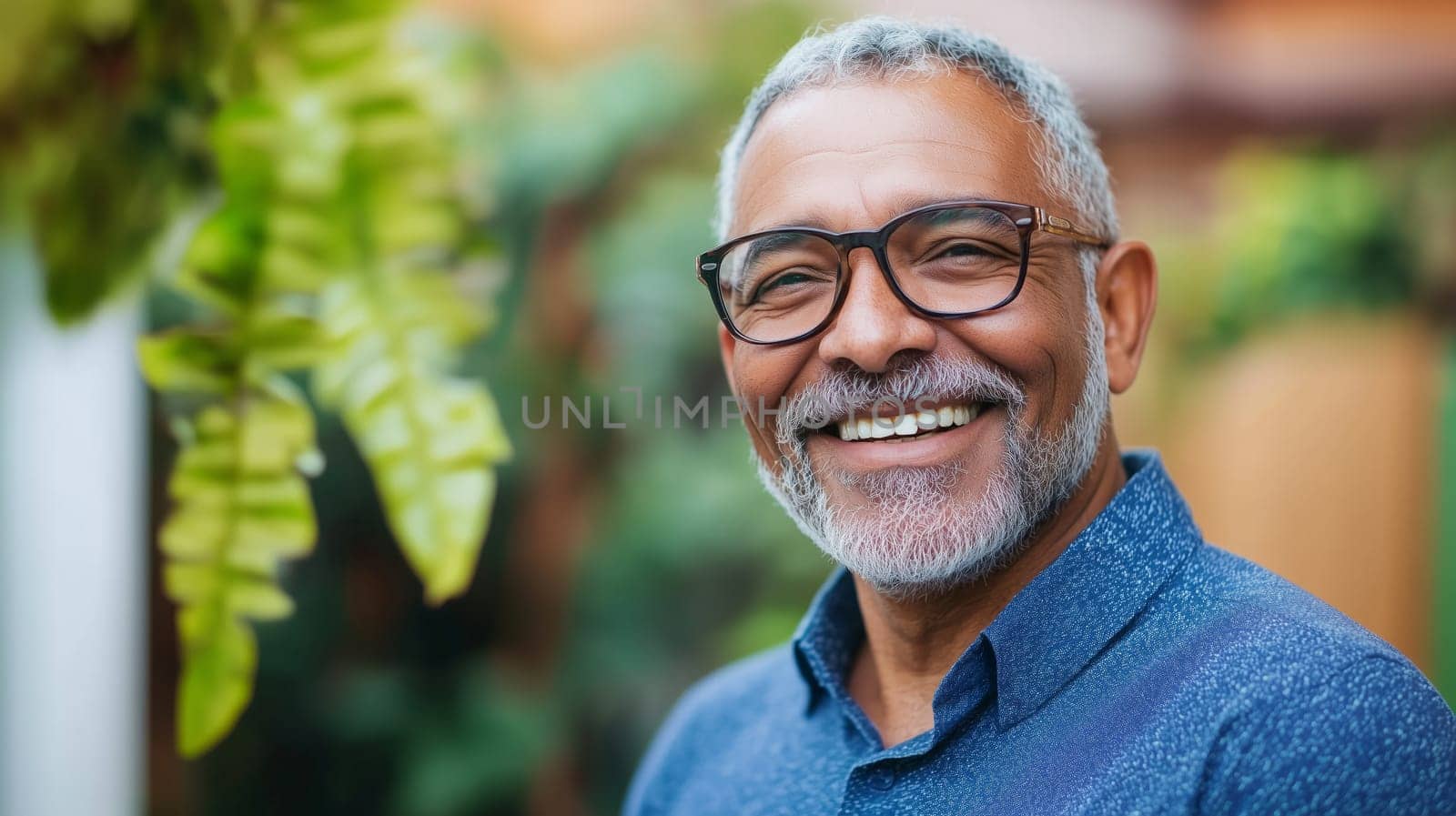 Portrait of happy mature man with glasses, gray hair, bearded, smiles, looking at camera outdoors, in a summer garden