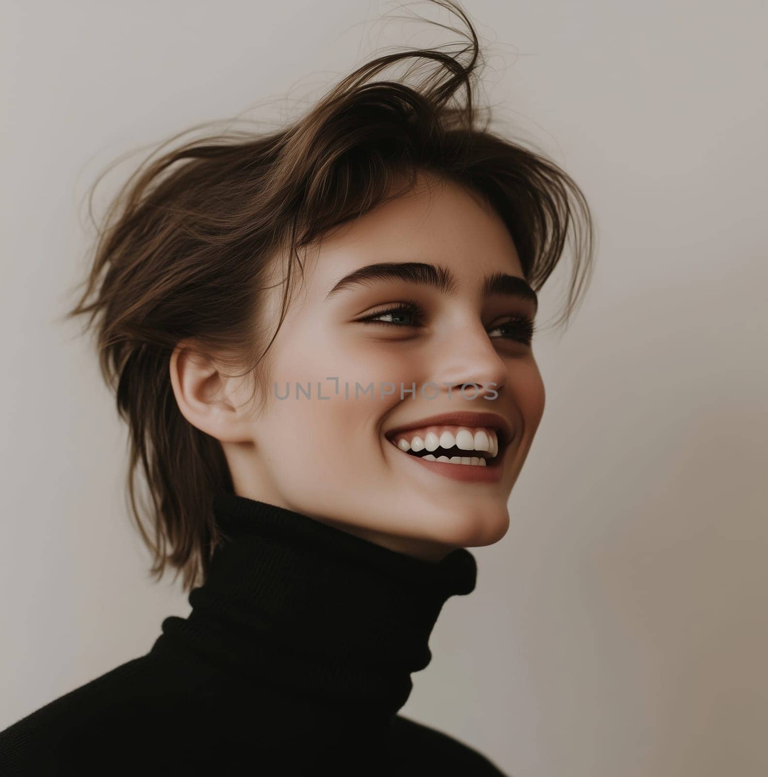 Portrait of happy young woman smiling with healthy skin, toothy smile, brunette hair, casual clothing, looking away, close up on gray background