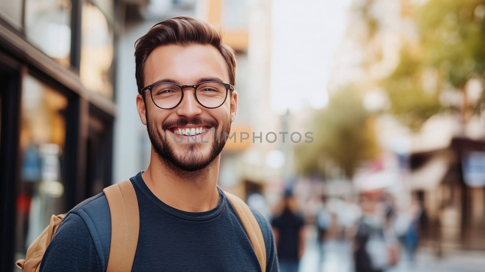 Portrait of happy modern young man smiling outdoors, male student with backpack standing on city street