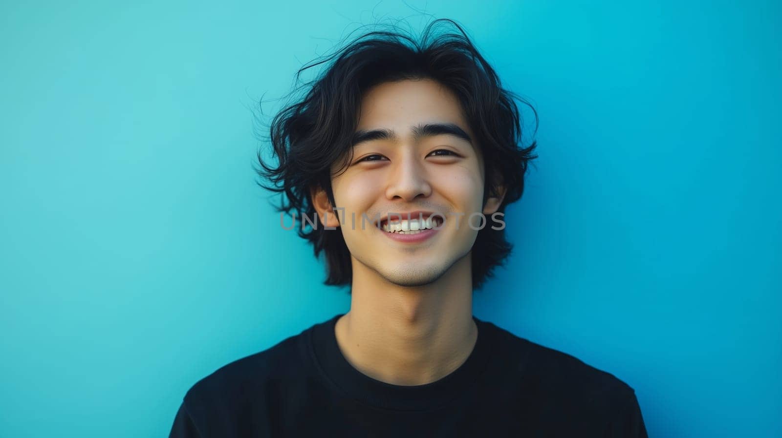 Portrait of happy cheerful Asian young man in black t-shirt with toothy smile looking at camera on vivid blue studio background
