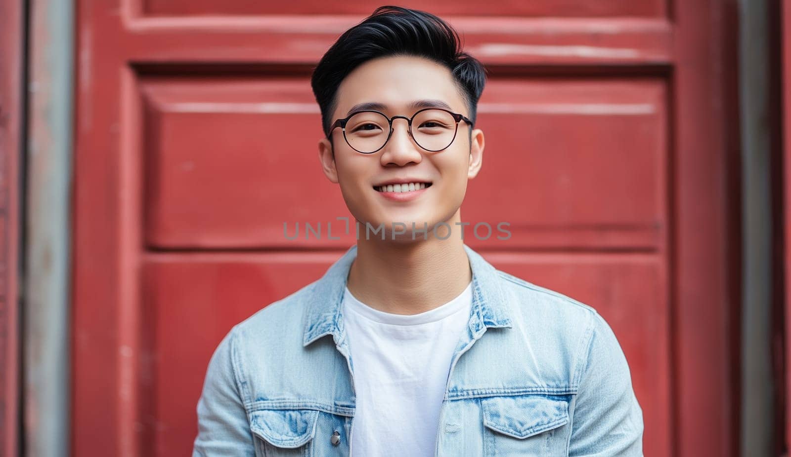 Portrait of Asian young man with glasses, modern Chinese guy looking at camera standing on city street