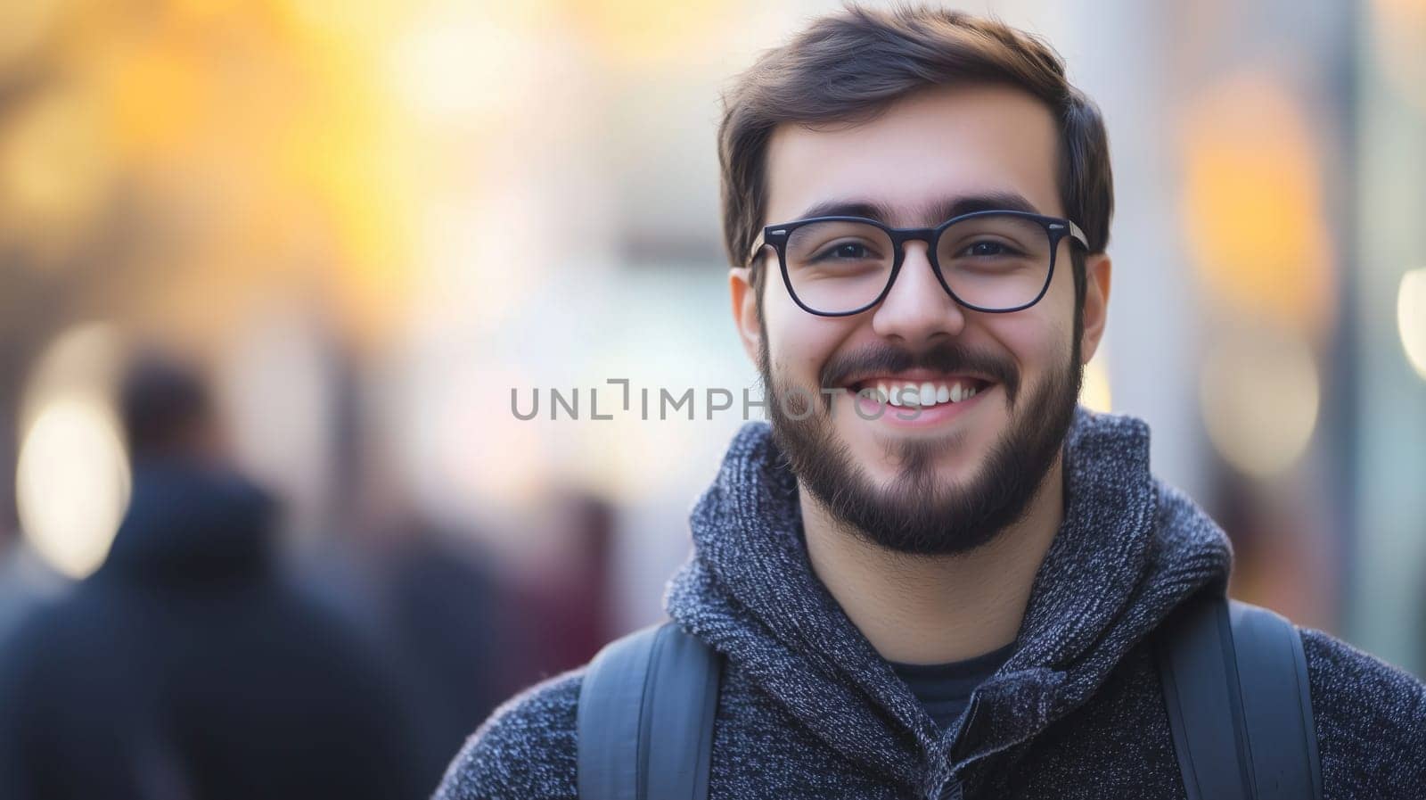 Portrait of happy modern young man smiling outdoors, male student with backpack standing on city street