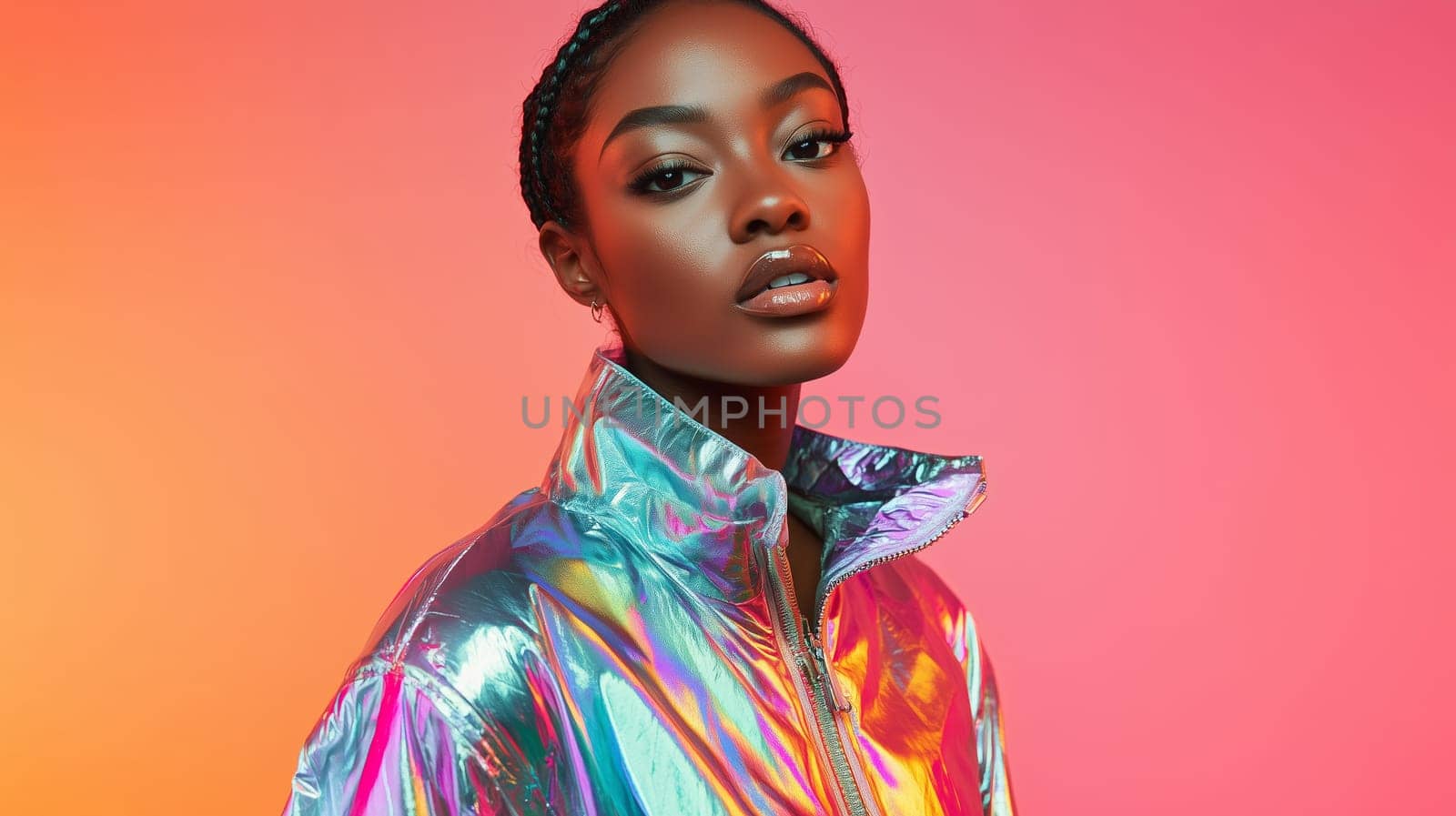 Beauty stylish portrait of fashion young African woman in jacket, beautiful trendy female model posing on vivid studio background