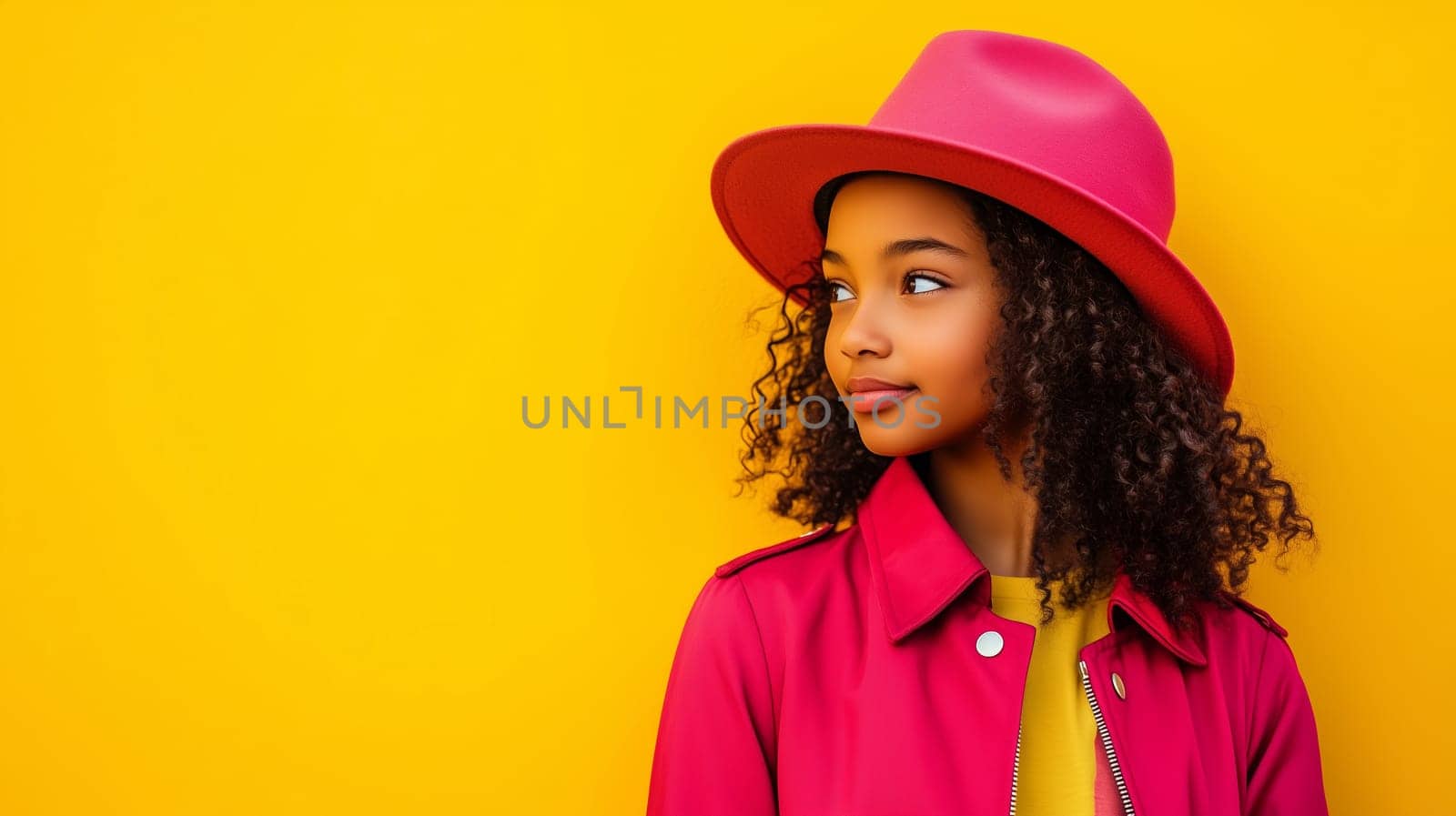Beauty stylish portrait of fashion little girl kid African woman with pink hat, jacket, beautiful trendy female model looking away posing on vivid studio background