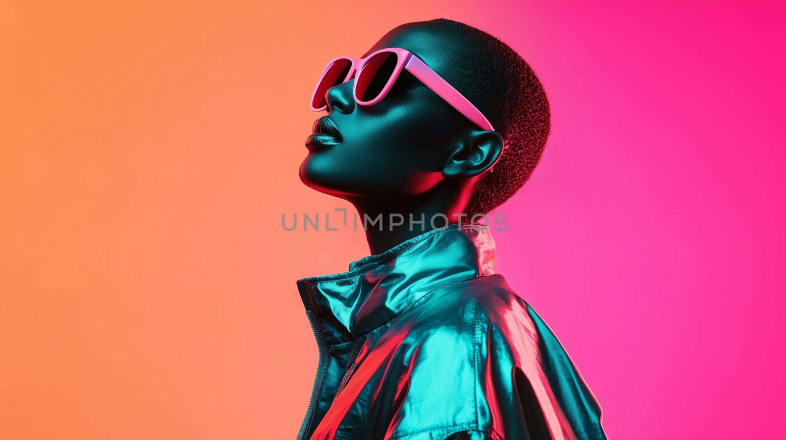 Beauty stylish portrait of fashion young African woman with sunglasses, beautiful trendy female model posing on vivid studio background