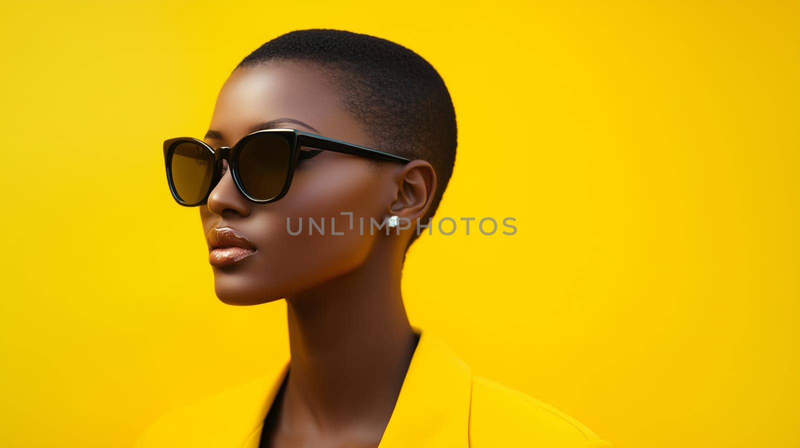 Beauty stylish portrait of fashion young African woman with sunglasses, short hair, beautiful trendy female model posing on vivid yellow studio background