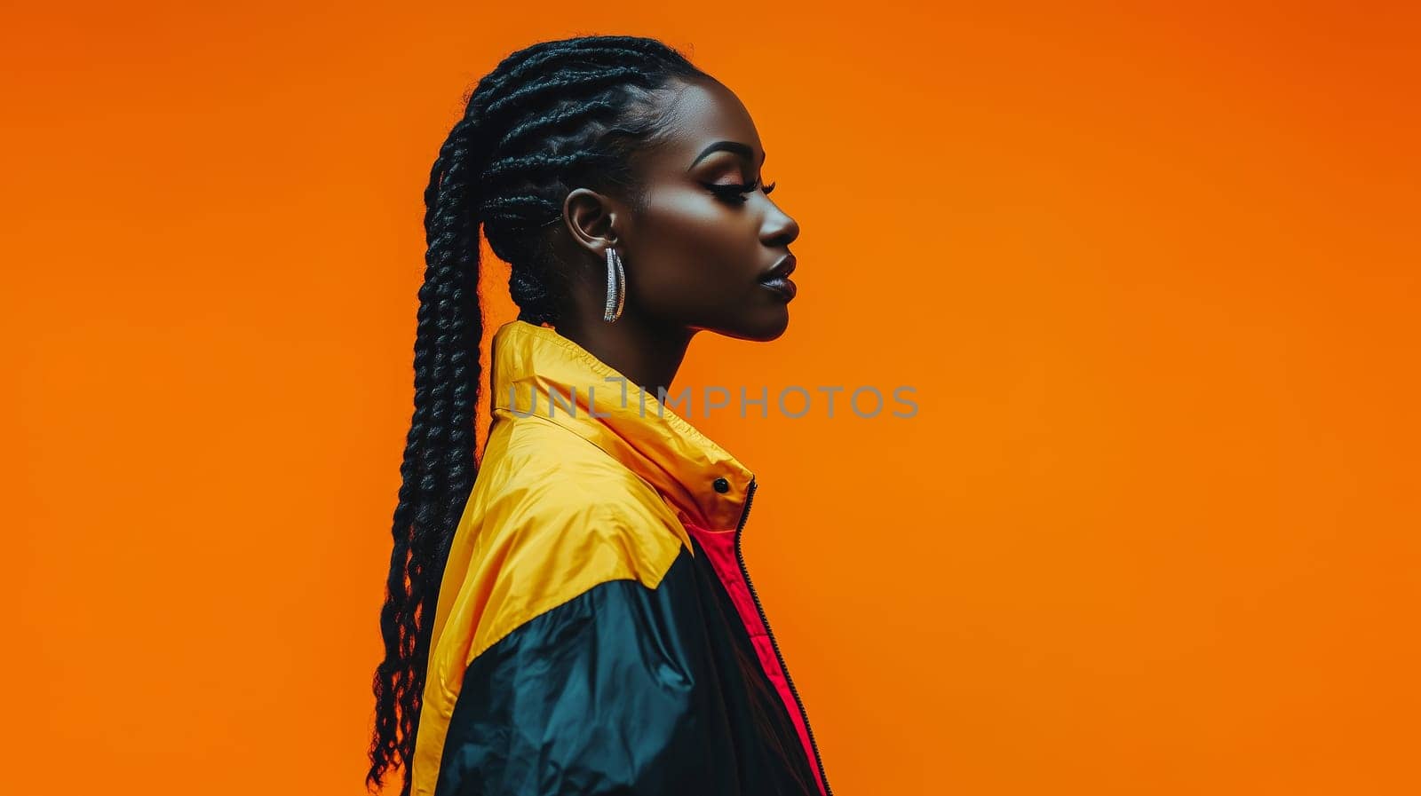 Beauty stylish portrait of fashion young African woman in jacket, beautiful trendy female model posing on vivid studio background