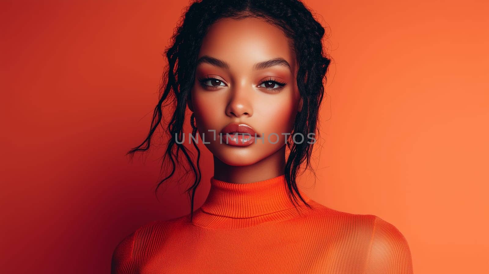 Beauty stylish portrait of fashion young African woman, beautiful trendy female model posing on vivid studio background, looking at camera