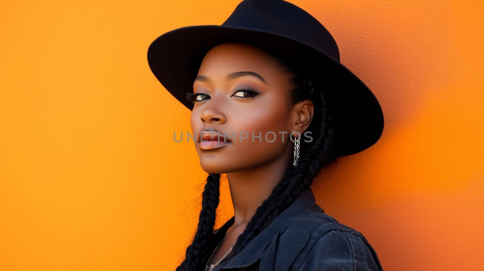 Beauty stylish portrait of fashion young African woman with hat, beautiful trendy female model posing on vivid studio background