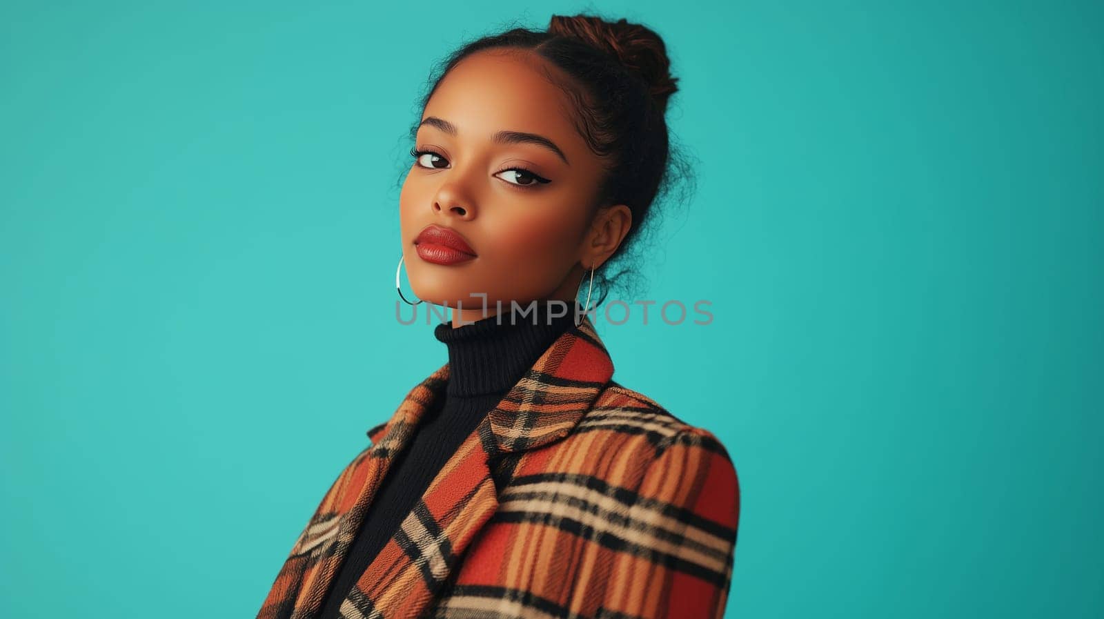 Beauty stylish portrait of fashion young African woman with earrings, wearing coat, beautiful trendy female model posing on vivid blue studio background