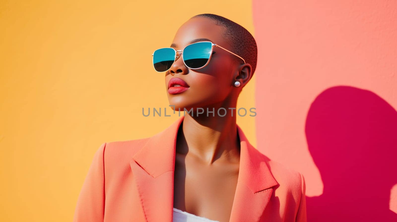 Beauty stylish portrait of fashion young African woman with sunglasses, short hair, beautiful trendy female model posing on vivid yellow studio background