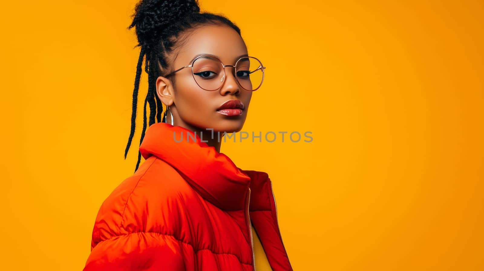 Beauty stylish portrait of fashion young African woman in jacket with glasses, beautiful trendy female model posing on vivid studio background