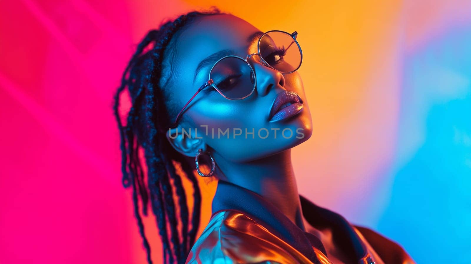 Beauty stylish portrait of fashion young African woman in jacket with glasses, beautiful trendy female model posing on vivid studio background