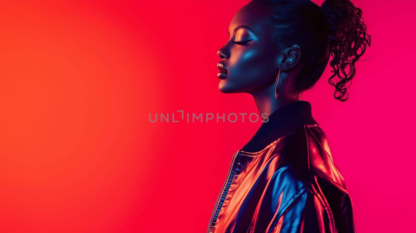 Beauty stylish portrait of fashion young African woman in jacket, beautiful trendy female model posing on vivid studio background