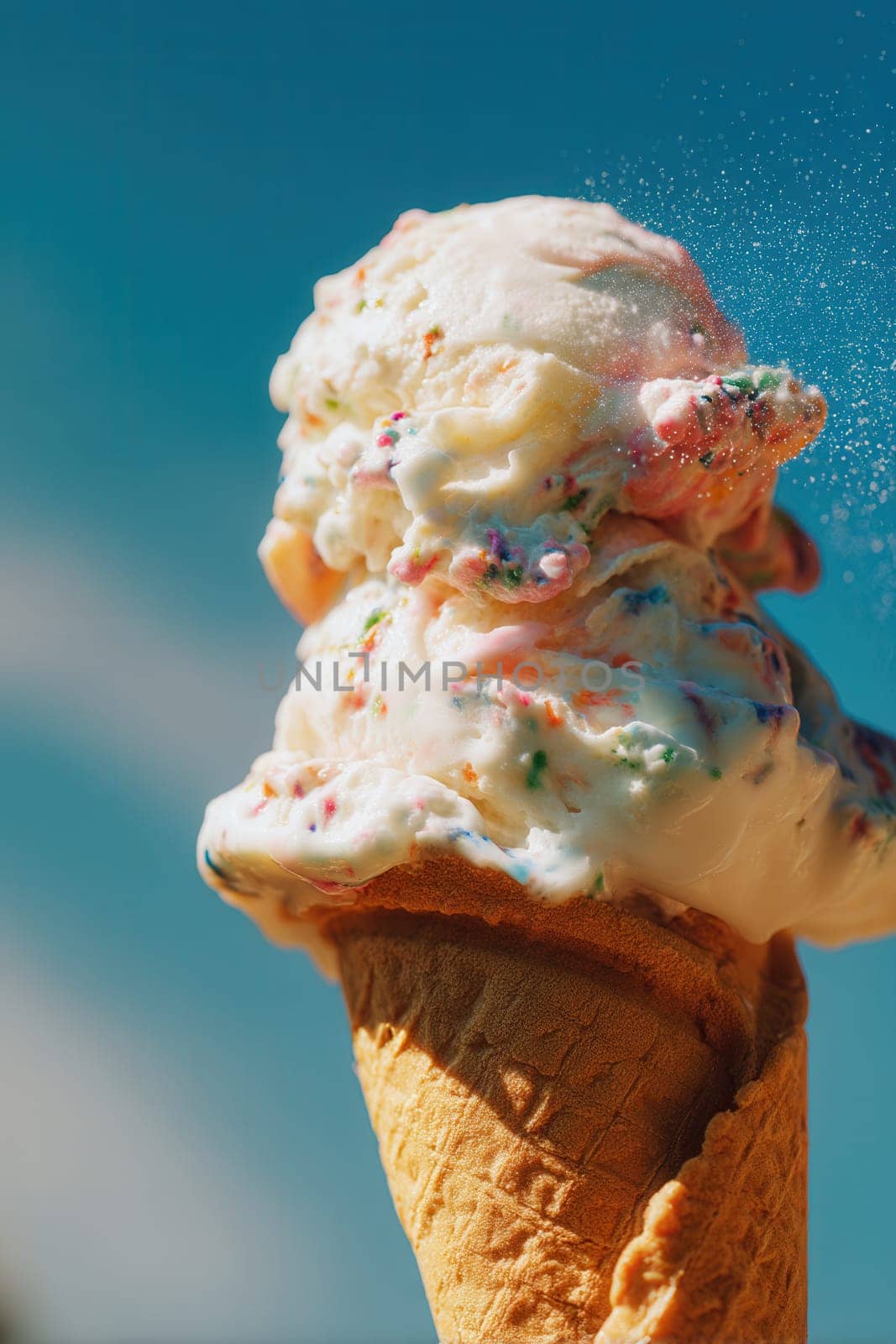 Melting ice cream cone with colorful sprinkles captured in warm sunlight against a vivid blue sky. Perfect for summer promotions, dessert branding, and playful creative visuals