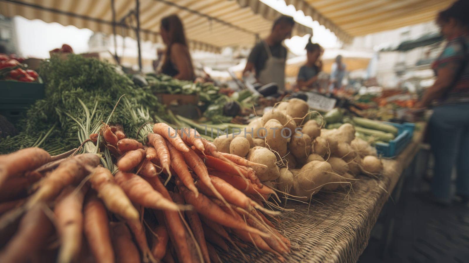 Bunches of fresh carrots and potatoes on a rustic market stall with people shopping in the background. Perfect for natural food branding, seasonal recipes, and healthy lifestyle content
