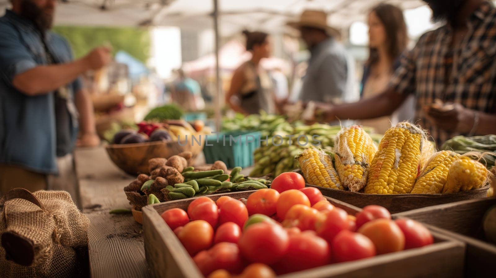 Bright vegetables including corn and tomatoes displayed on a rustic farmers market table with people browsing in the background. Great for healthy lifestyle, local produce, and farm-to-table visuals