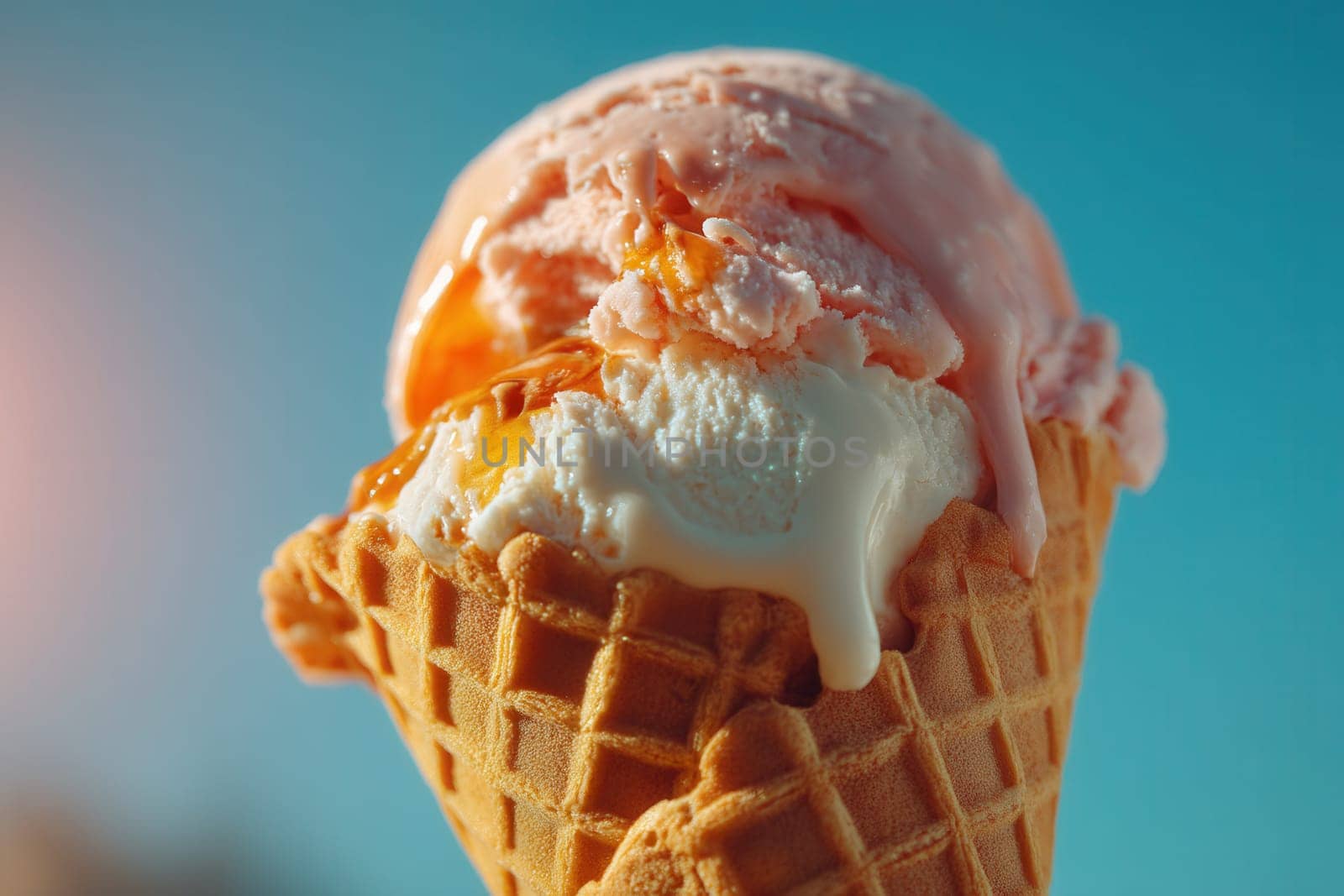 Delicious strawberry and vanilla ice cream in a waffle cone melting under warm sunlight with golden syrup. Great for food branding, dessert ads, and summer marketing visuals