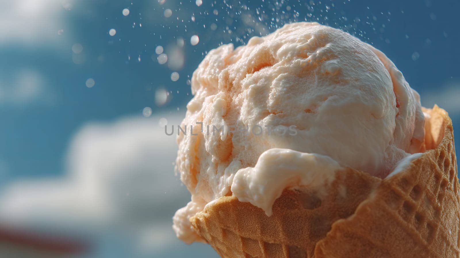 Creamy vanilla ice cream melting in a crisp waffle cone under the summer sky. Perfect for dessert packaging, food advertising, seasonal campaigns, and sweet product visuals