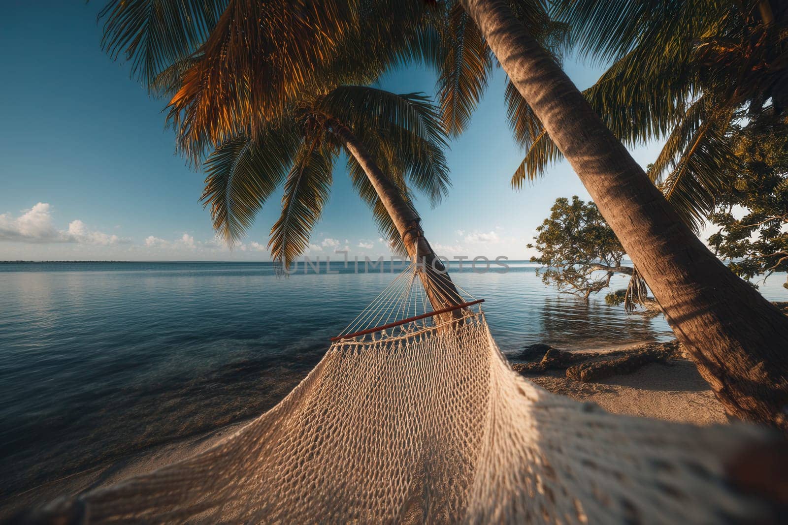 Tropical hammock between palm trees on a serene beach with calm ocean and soft sunlight. Ideal for travel ads, summer-themed visuals, vacation promotions, and peaceful lifestyle content