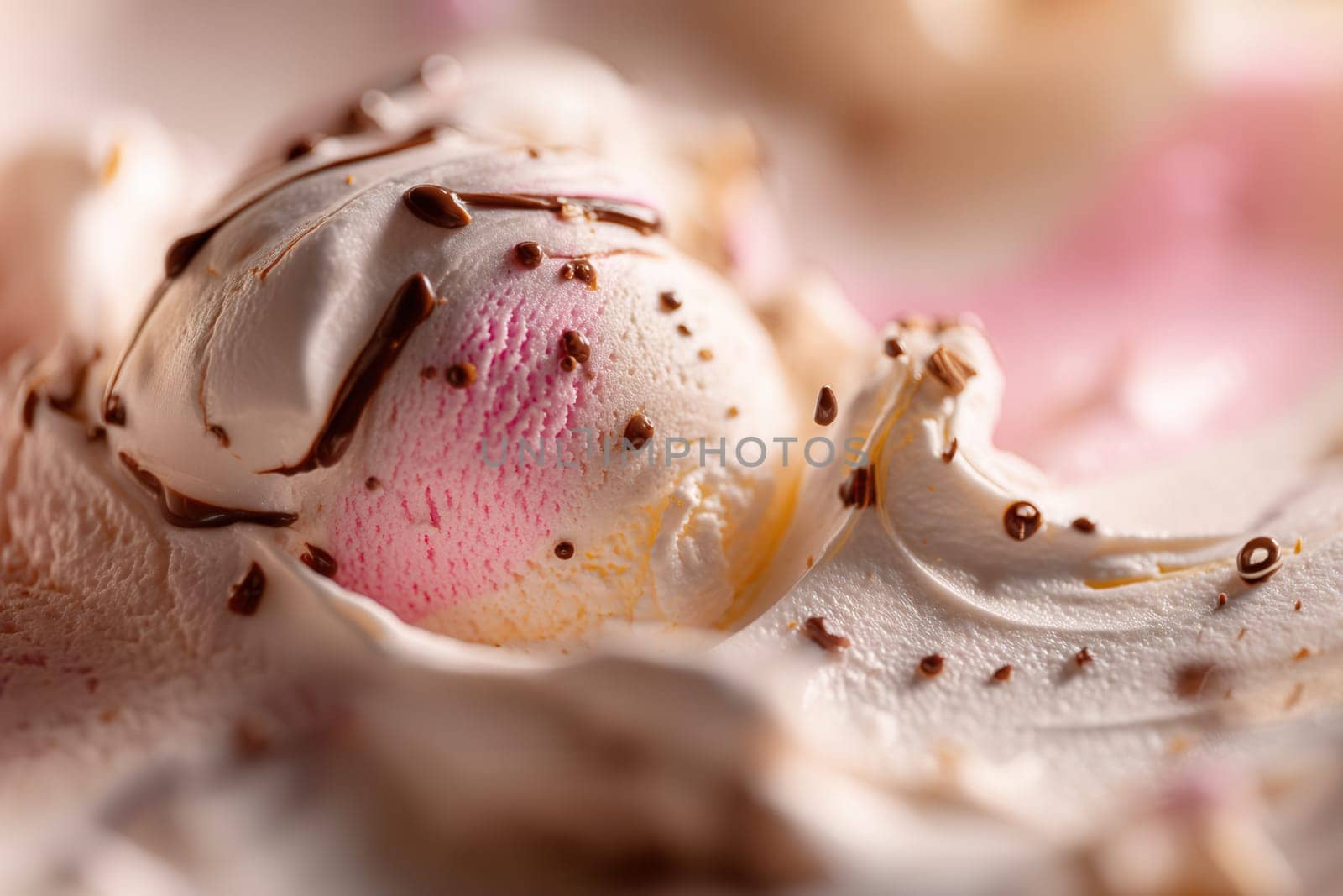 Creamy strawberry and vanilla ice cream topped with chocolate flakes, captured in a close-up shot with soft textures and warm lighting. Ideal for dessert branding and packaging visuals