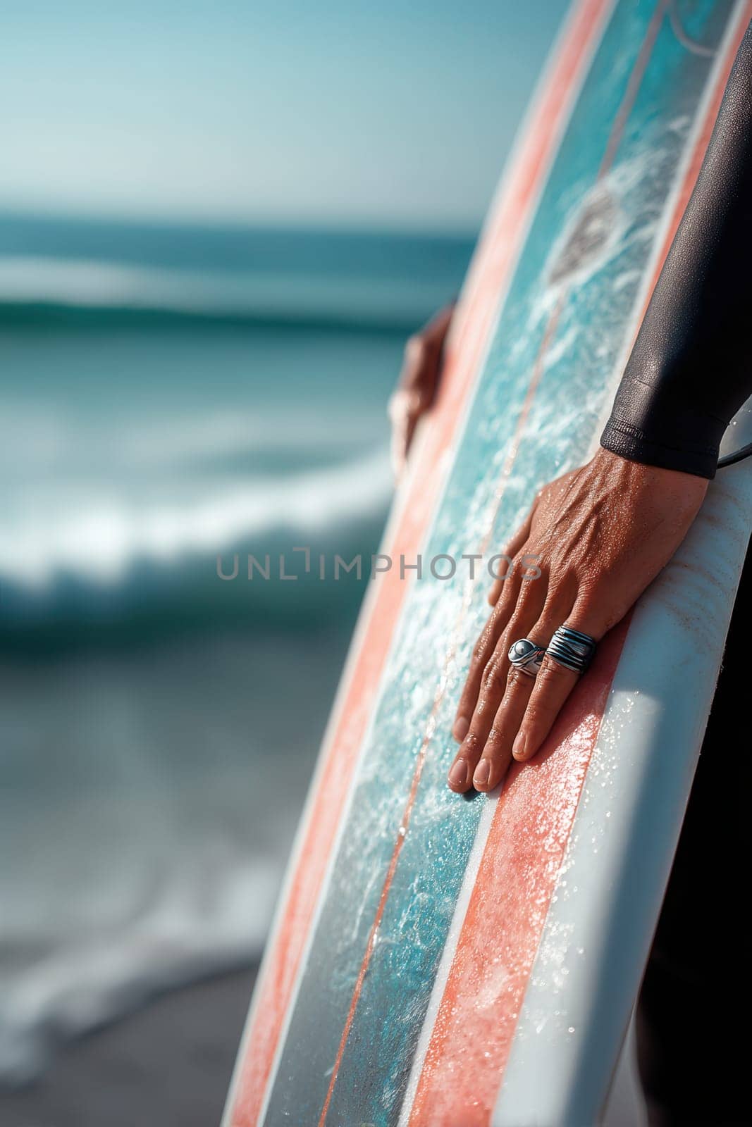 Hands of a surfer holding a vibrant surfboard against a serene ocean backdrop. Perfect for lifestyle projects, sports promotion, beach tourism, and wellness content emphasizing relaxation