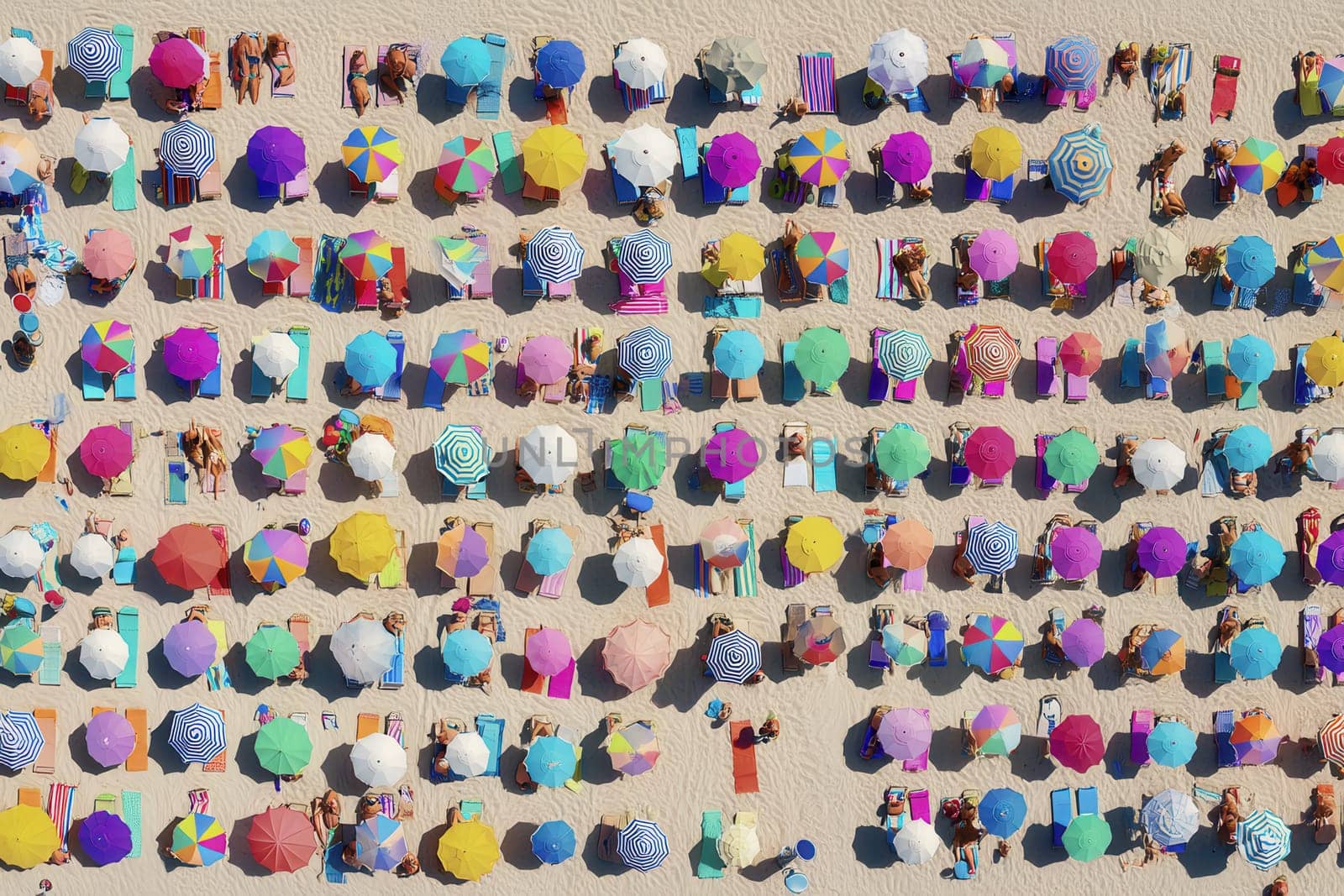 Colorful umbrellas and sunbathers arranged in rows on a sunny beach captured from above. Perfect for vacation ads, summer visuals, and lifestyle content