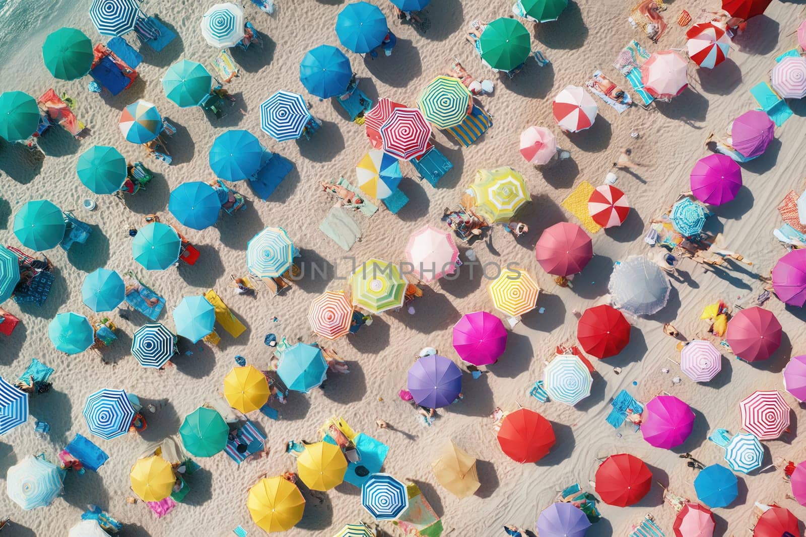 Vibrant aerial view of colorful beach umbrellas and people relaxing on a sandy coast. Perfect for vacation ads, summer-themed content, and tourism visuals