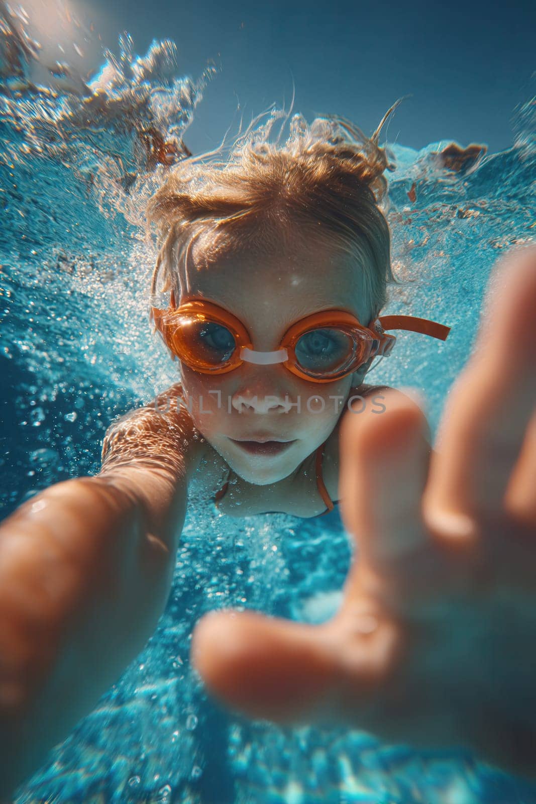 A determined child with orange goggles swims underwater, reaching out in a sunny blue pool. Perfect for summer themes, sports, family fun, and lifestyle visuals