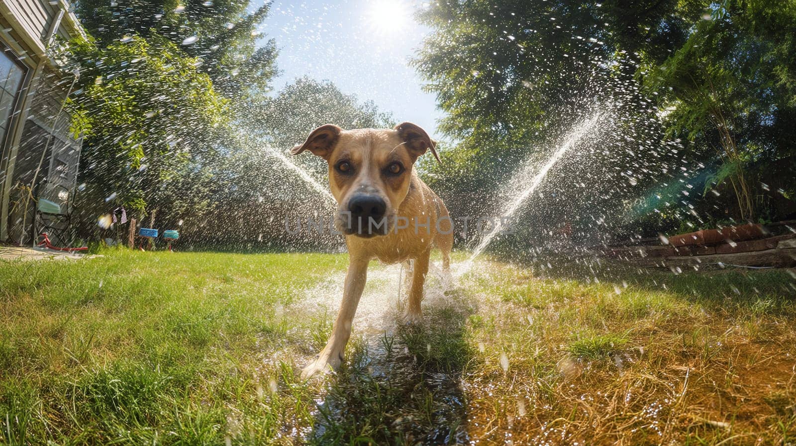 Happy brown dog playing in backyard sprinkler on a sunny summer day. Ideal for pet-themed projects, outdoor lifestyle, warm weather campaigns, and fun animal moments