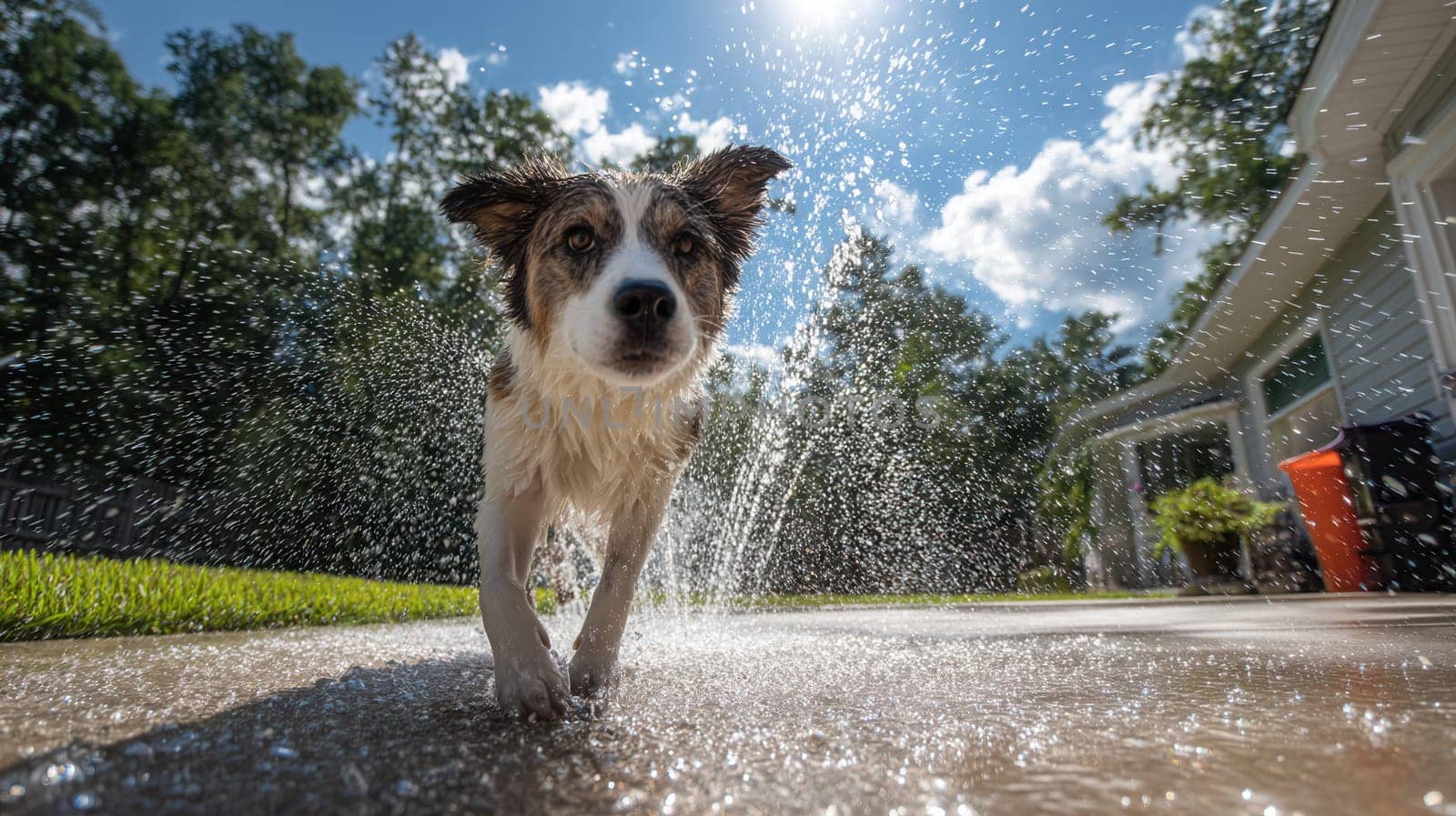 Border collie enjoying a summer day in the backyard, walking through sparkling sprinkler spray. Great for pet lifestyle visuals, playful animal content, and outdoor seasonal themes
