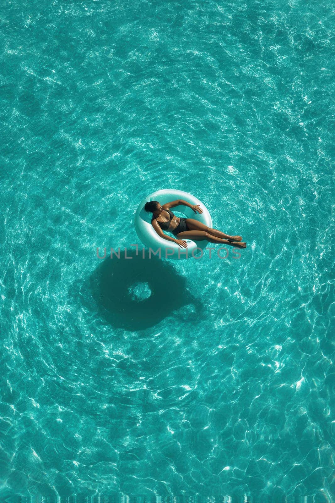 Young woman floats on a turquoise pool in the sun, enjoying a calm and relaxing summer moment. Perfect for wellness, holiday visuals, resort promotion, and lifestyle content