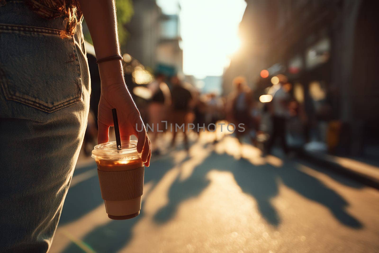 Stylish woman holding iced coffee while walking through a busy city street during golden hour. Perfect for lifestyle, urban fashion, summer vibes, or coffee-themed content