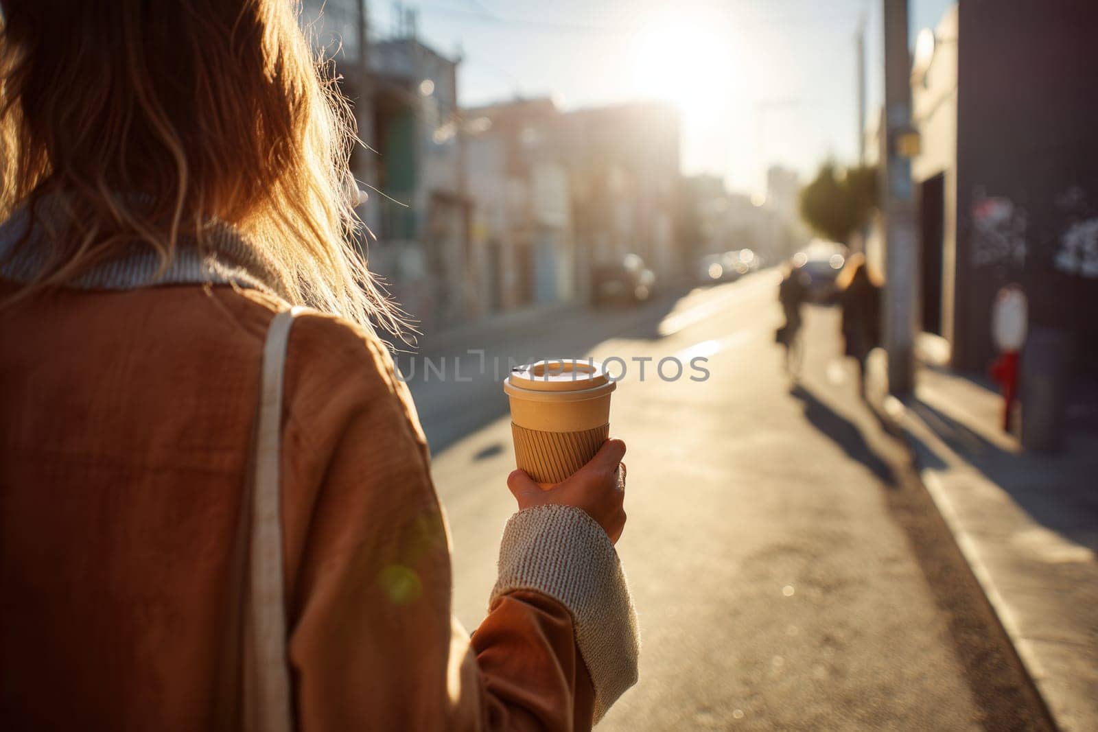 A woman strolls through a peaceful city street in the soft morning light holding a coffee cup. Ideal for lifestyle visuals, slow living concepts, urban mornings, and warm storytelling