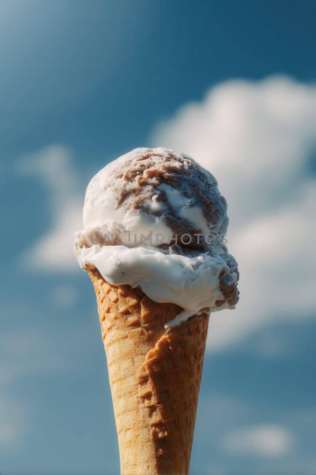 A creamy chocolate and vanilla ice cream cone melting under the summer sun with a blue sky and soft clouds in the background. Great for dessert ads, summer themes, and food visuals