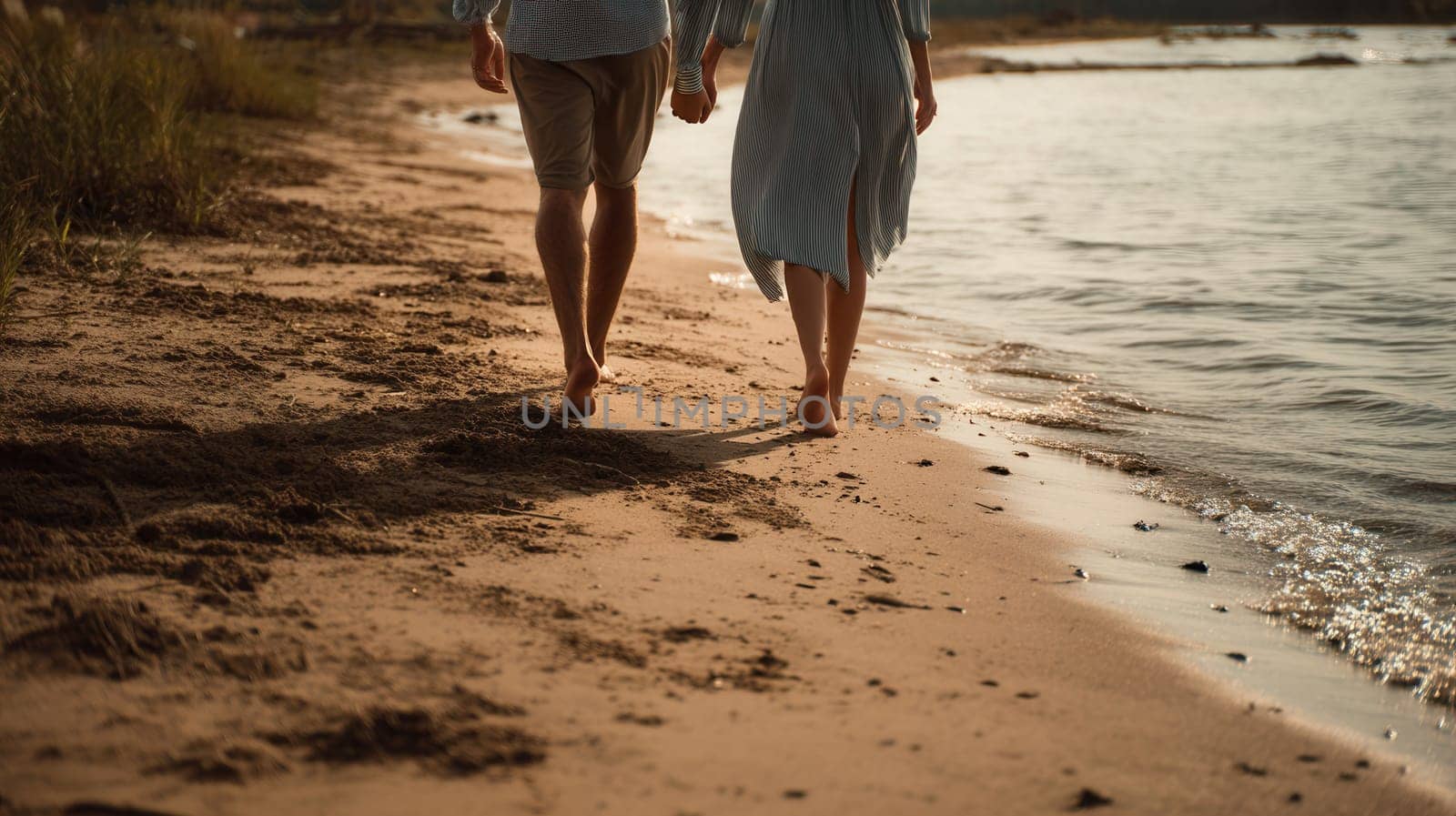 A couple walking barefoot hand in hand along the shore at sunset. Ideal for romantic themes, travel promotions, relationship blogs, and peaceful summer lifestyle visuals