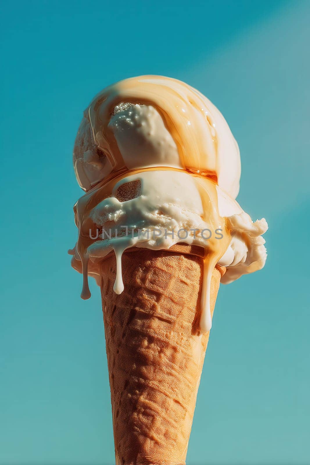 Close-up of melting vanilla ice cream topped with rich caramel syrup on a sunny day. Ideal for dessert branding, seasonal ads, food packaging, and confectionery campaigns