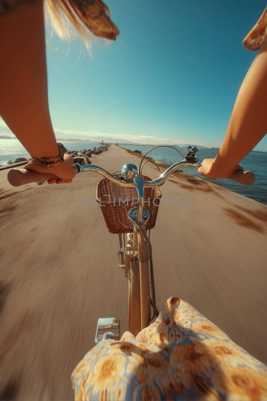 POV image of a woman biking on a seaside pier during golden hour. Perfect for travel content, healthy lifestyle visuals, vacation stories, and outdoor summer adventure campaigns