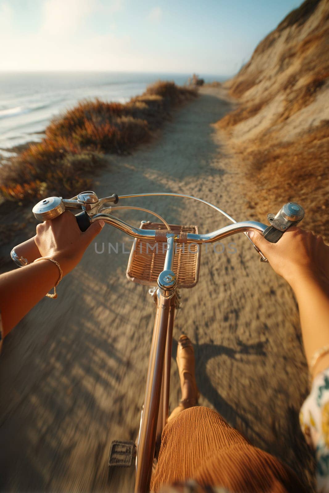 POV image of a woman riding a bicycle along a coastal dirt path during sunset. Great for summer lifestyle content, vacation ads, and active outdoor storytelling visuals