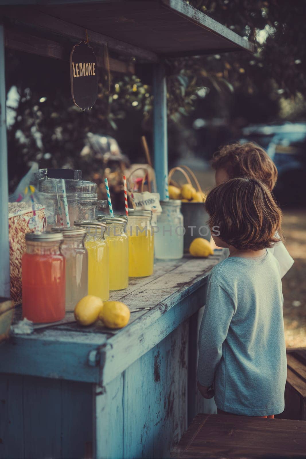 Two children at a vintage-style lemonade stand filled with colorful juices and fresh lemons. Ideal for visuals about summer memories, outdoor markets, small businesses, and childhood fun